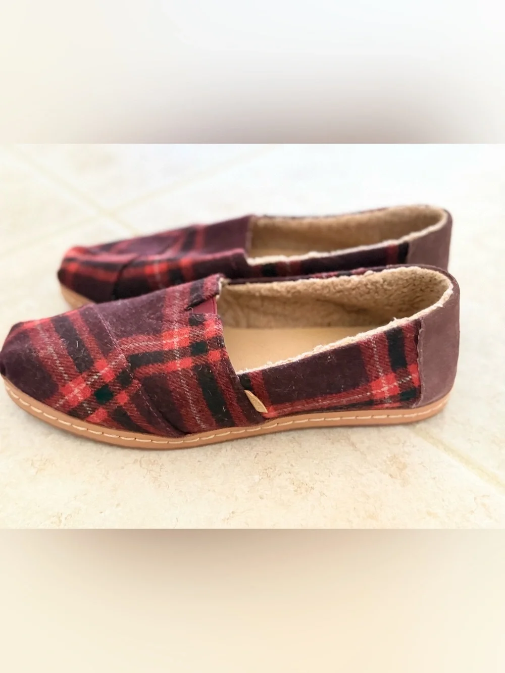 Toms Burgundy and Red Plaid Slip-On Flats with shearling lining